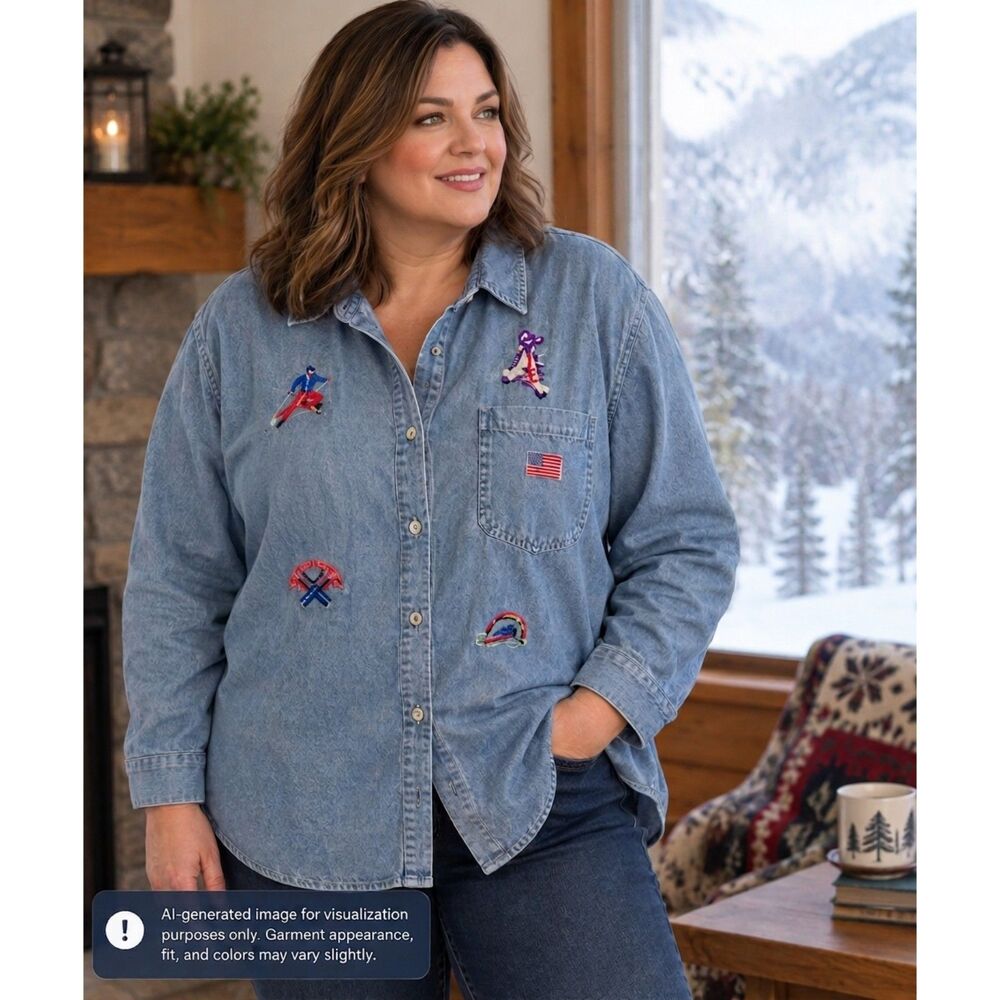 Vintage Mili Designs Women's 2X Button Shirt USA Winter Sports Ski Ice Skating